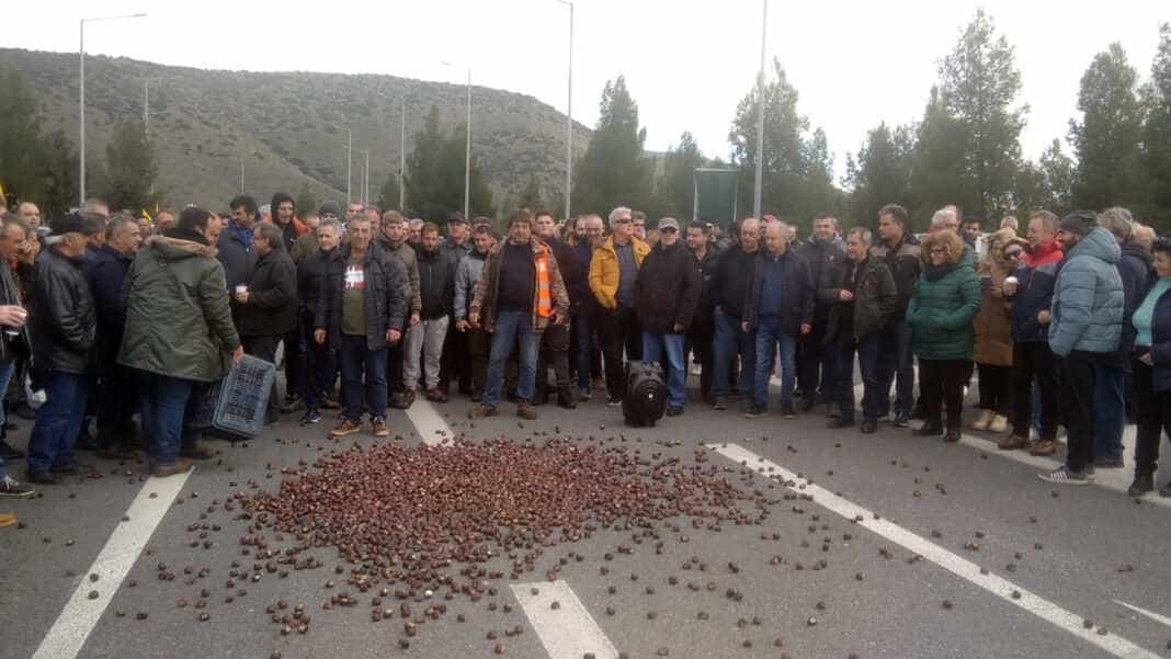 Οι καστανοπαραγωγοί της Λάρισας απέκλεισαν τον κόμβο της Γυρτώνης με τα οχήματά τους