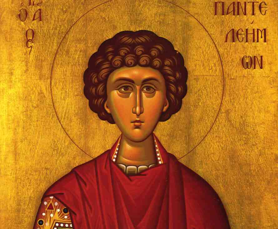 Agios Panteleimon Ο Άγιος Παντελεήμων (Παντελέων το πρότερον όνομα) καταγόταν από τη Νικομήδεια της Μικράς Ασίας και έζησε στα χρόνια του Μαξιμιανού (286 - 305 μ.Χ.). Πατέρας του ήταν ο Ευστόργιος, ο οποίος ήταν εθνικός και μετά τις νουθεσίες του γιου του έγινε χριστιανός. Μητέρα του ήταν η Ευβούλη, η οποία προερχόταν από χριστιανική οικογένεια (βλέπε 30 Μαρτίου). Εκπαιδεύτηκε στην ιατρική από τον Ευφρόσυνο και κατηχήθηκε στη χριστιανική πίστη και βαπτίσθηκε από τον πρεσβύτερο Ερμόλαο (βλέπε 26 Ιουλίου) που ήταν ιερέας της Εκκλησίας της Νικομήδειας. Κάποια στιγμή όταν οχιά δάγκωσε έναν νεαρό και ουσιαστικά τον θανάτωσε ο Άγιος Παντελεήμονας επικαλούμενος τον Χριστό τον ανάστησε. Αφορμή του μαρτυρίου του στάθηκε ένα ακόμα θαύμα του Αγίου. Κάποτε είχε θεραπεύσει έναν τυφλό, ο οποίος και ανέφερε το γεγονός της θεραπείας του στον βασιλιά, λέγοντάς του ότι τον θεράπευσε ο Παντελέων στο όνομα του Χριστού, στον οποίο και ο ίδιος πλέον πίστευε. Ο βασιλιάς αφού τον άκουσε, αμέσως διέταξε και τον αποκεφάλισαν. Ο ίδιος ο Παντελέων προσήχθη στον βασιλιά, ο οποίος διέταξε τον βασανισμό του με σκοπό την άρνηση της πίστεώς του. Ο Άγιος βασανίσθηκε σκληρά με διάφορους τρόπους, όμως δεν υπέκυψε στις πιέσεις αφού ο Κύριος εμφανίσθηκε μπροστά του με τη μορφή του πνευματικού του Ερμόλαου και του έδωσε θάρρος. Τέλος διατάχθηκε ο αποκεφαλισμός του και τότε ακούστηκε φωνή από τον ουρανό που τον καλούσε όχι ως Παντελέοντα αλλά ως Παντελεήμονα. Μόλις όμως ο δήμιος άπλωσε το χέρι του για να κόψει με το σπαθί του το κεφάλι του Αγίου, το σπαθί λύγισε και το σίδερο έλιωσε σαν κερί. Μπροστά σε τέτοιο θαύμα και οι παραβρισκόμενοι στρατιώτες έγιναν χριστιανοί. Τότε ο Άγιος εκουσίως παραδόθηκε στο μαρτύριο. Λέγεται ότι από τη πληγή του δεν έτρεξε αίμα αλλά γάλα και το δέντρο της ελιάς, στο οποίο τον είχαν δέσει καρποφόρησε ξαφνικά.