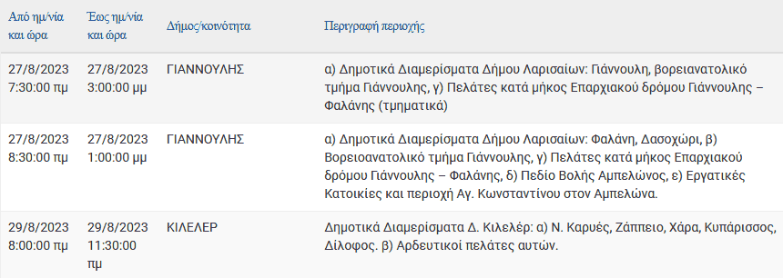 

Προγραμματισμένες Διακοπές Ηλεκτροδότησης

Προγραμματισμένες Διακοπές Ηλεκτροδότησης