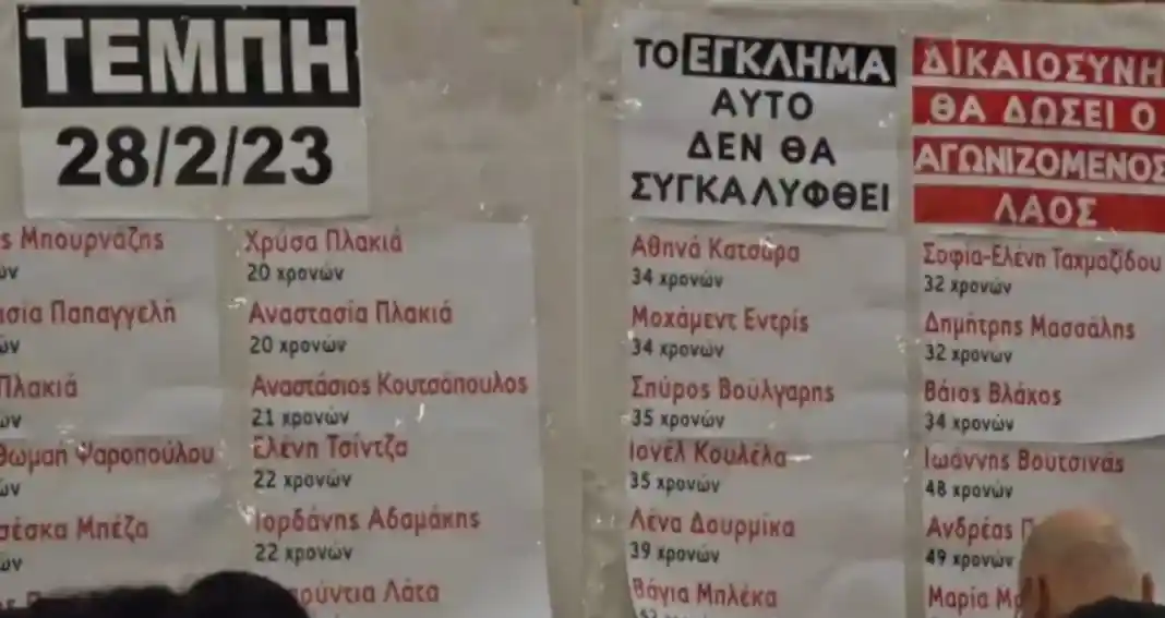 Τέμπη: Διαδηλωτές τοιχοκόλλησαν τα ονόματα των 57 νεκρών στον Σταθμό Λαρίσης