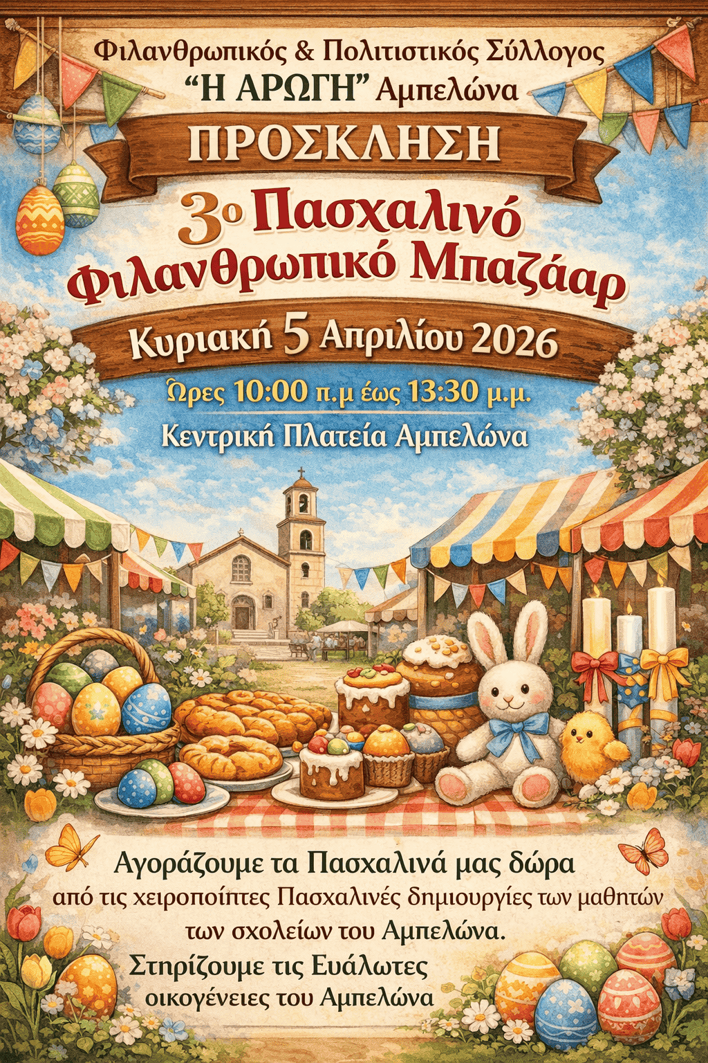 3ο Πασχαλινό Φιλανθρωπικό Bazaar ¨Μία Αγκαλιά Αγάπης και Προσφοράς¨ από τον Πολιτιστικός Σύλλογο «Η ΑΡΩΓΗ»,